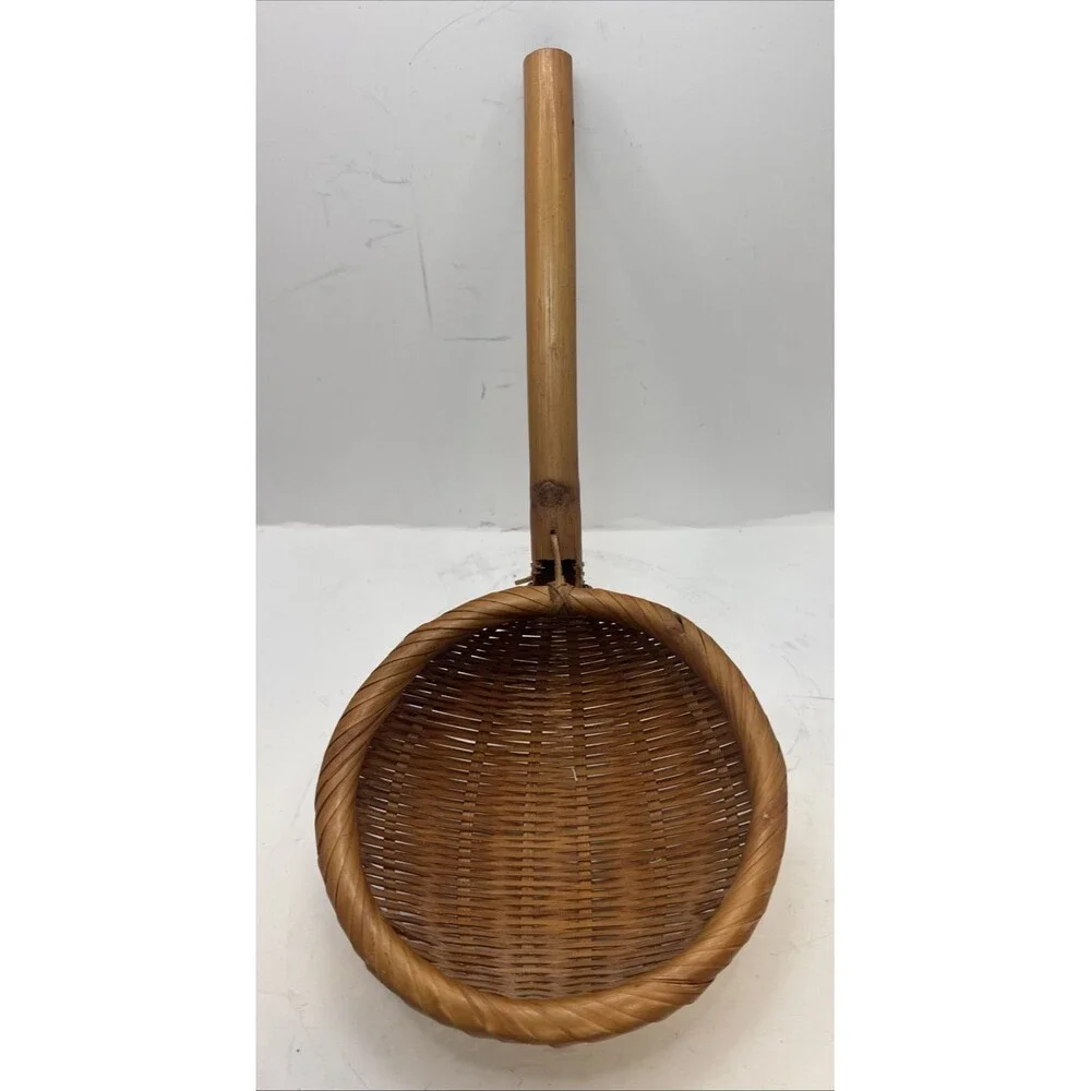 2 Vtg Wicker Ladles Spoon Scoop Woven Rattan Basket Wood Handle Primitive